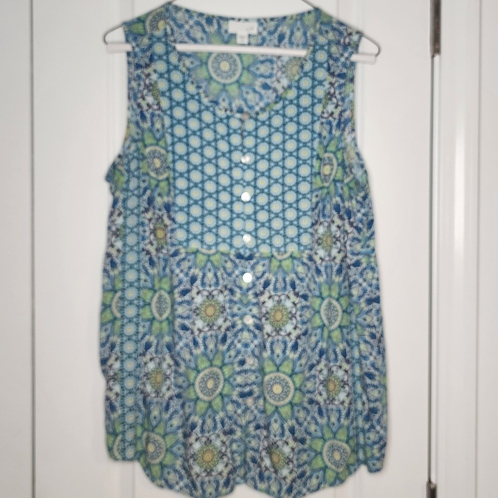J. Jill Blue Green Mandala Paisley Sleeveless Button Front Blouse Medium Petite